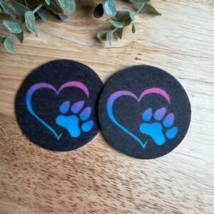 Black Car Coasters with Heart and Paw Print Design Set of 2